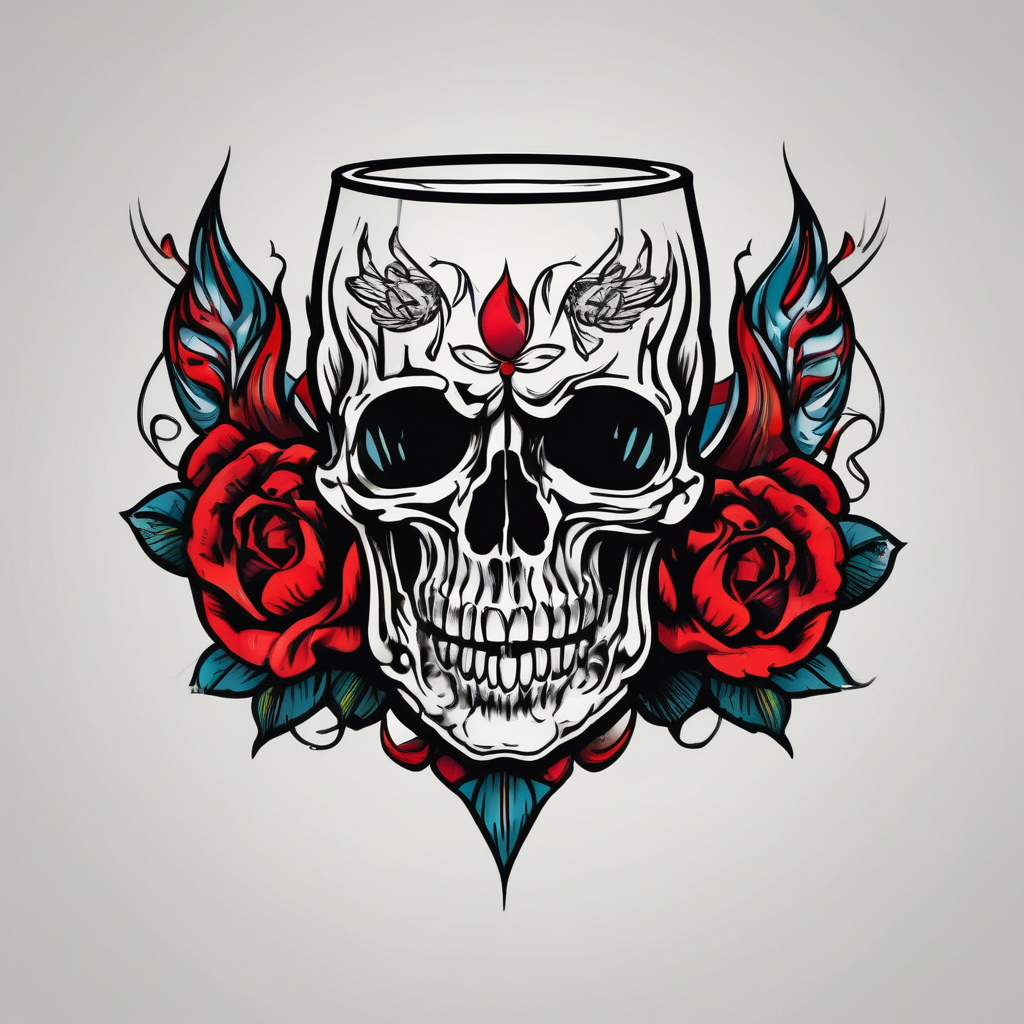 “I’ll drink your poison if you fill the cup” skull, glass, pouring liquid bull-skull, AI-generated Old School tattoo design