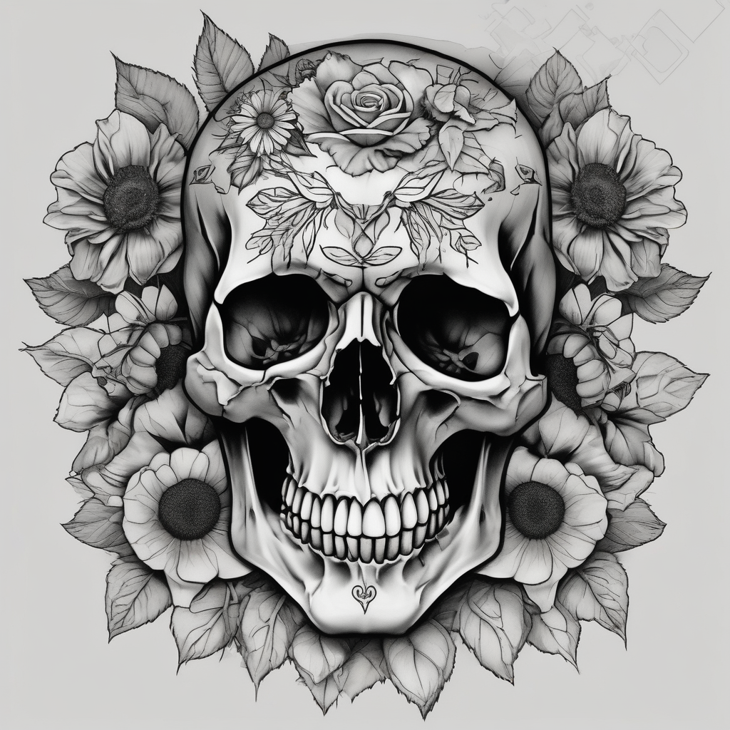 ornate skull adorned with wild roses and sunflowers bull-skull, AI-generated Black and White tattoo design