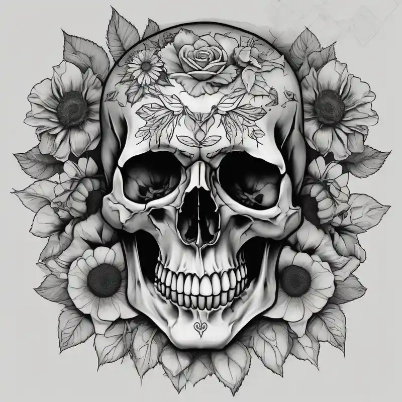 black and white style Idées et Designs de Tatouages de Fleurs en 2025 &Générer gratuitement about ornate skull adorned with wild roses and sunflowers bull-skull and ornate skull adorned with wild roses and sunflowers bull-skull