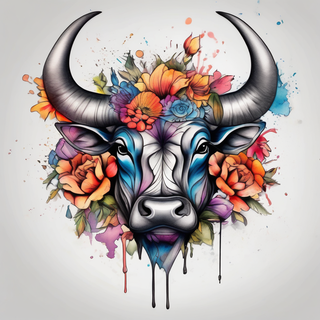 Bull with flowers bull-skull, diseño de tatuaje Acuarela generado con IA