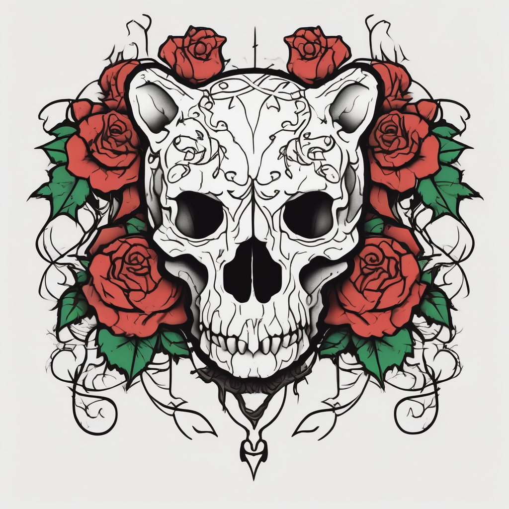 gothic bear skull intertwined with climbing roses and thorny vines bull-skull, design de tatouage Cartoon généré par IA