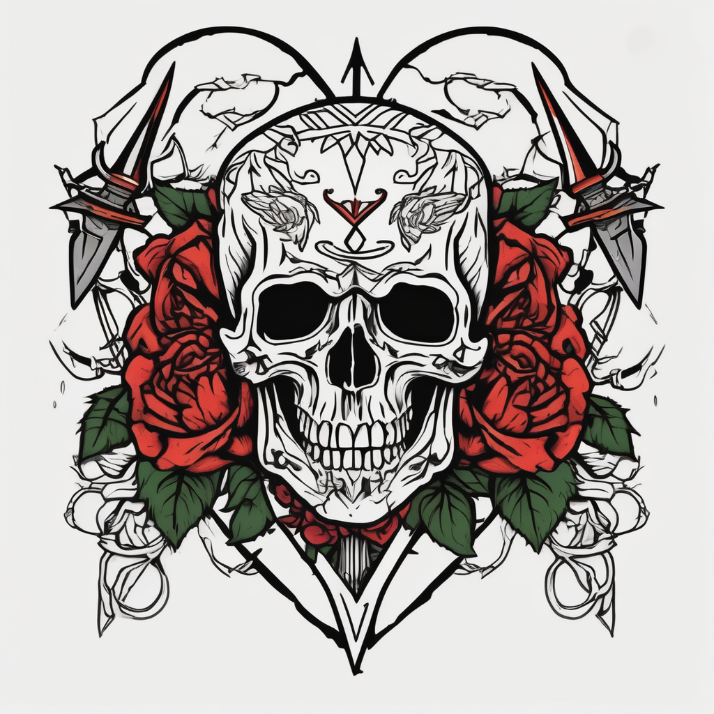 Skull, heart and dagger with roses and sunflowers bull-skull, AI-generated Old School tattoo design