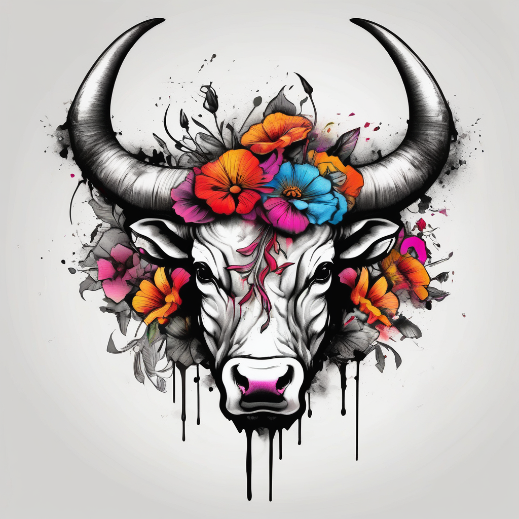 Just bull horns with flowers bull-skull, diseño de tatuaje Acuarela generado con IA