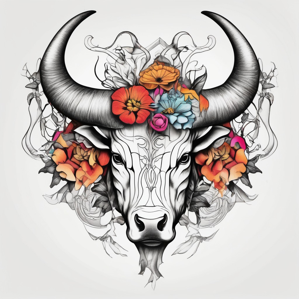Just bull horns with flowers bull-skull, AI-generated Surreal tattoo design