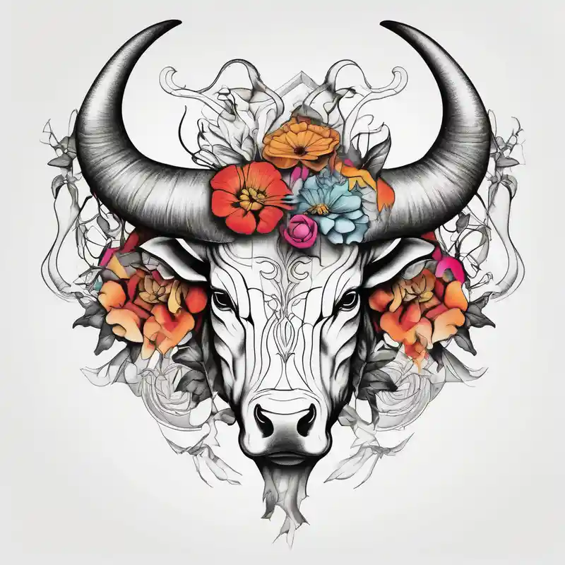 surreal style Idées et Designs de Tatouages de Fleurs en 2025 &Générer gratuitement about Just bull horns
with flowers bull-skull and Just bull horns
with flowers bull-skull