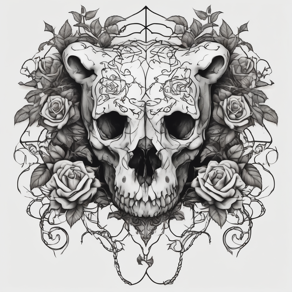 gothic bear skull intertwined with climbing roses and thorny vines bull-skull, AI-generated Surreal tattoo design