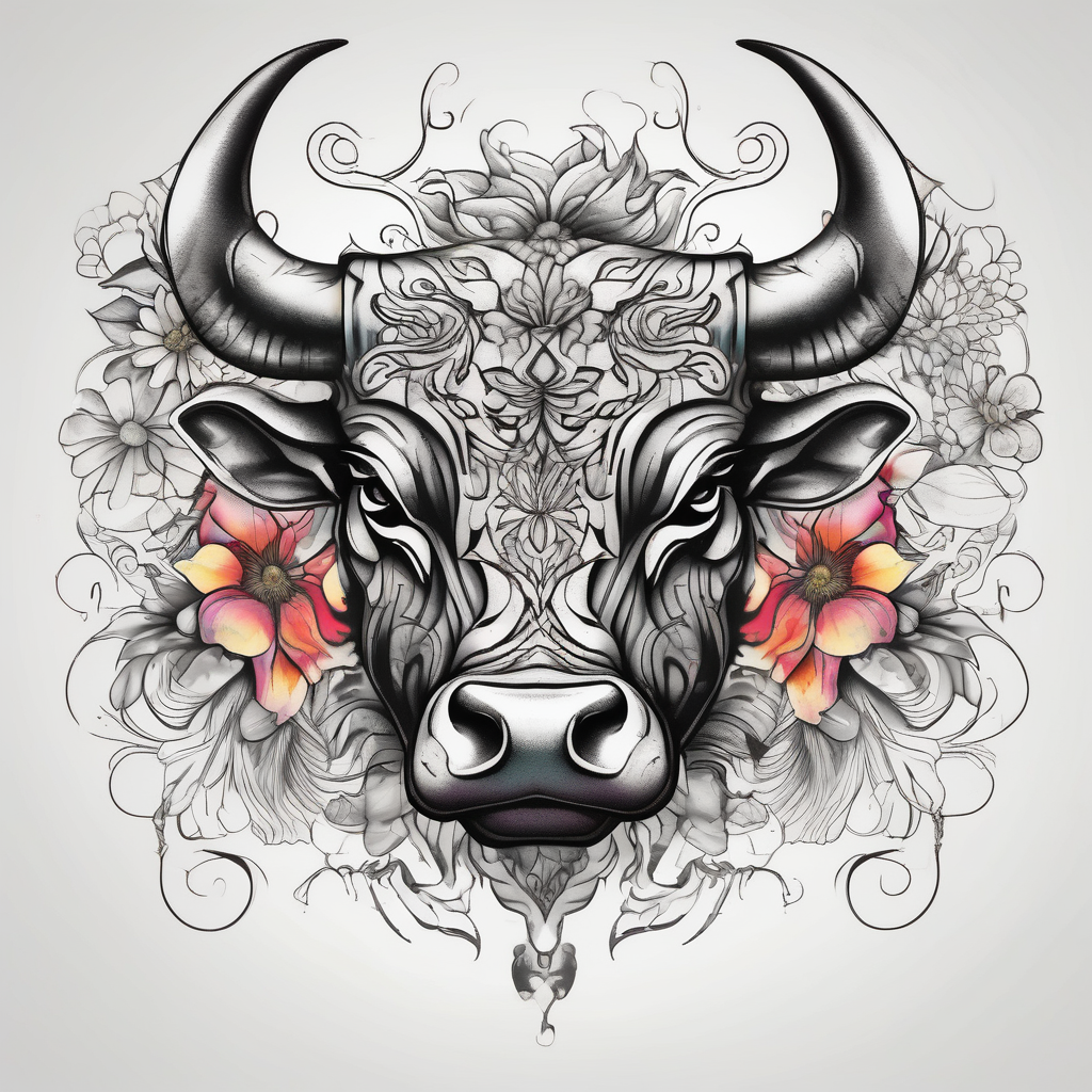 Bull with flowers bull-skull, diseño de tatuaje Surrealista generado con IA