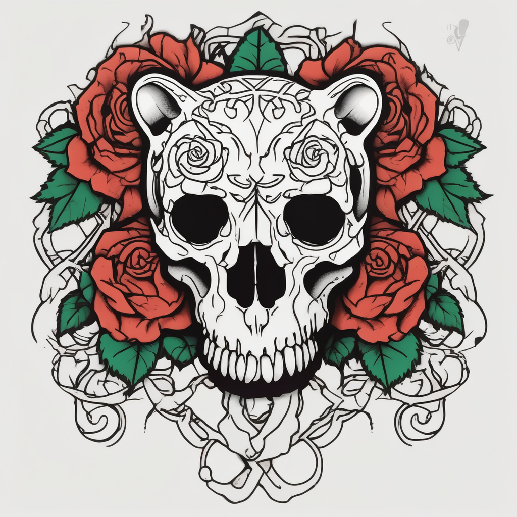 bear skull intertwined with climbing roses and thorny vines bull-skull, AI-generated Old School tattoo design