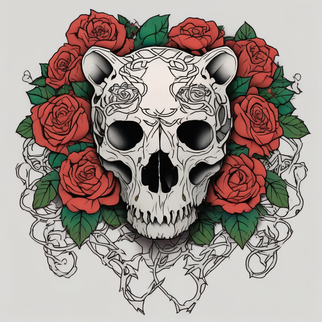 bear skull intertwined with climbing roses and thorny vines bull-skull, AI-generated Japanese tattoo design