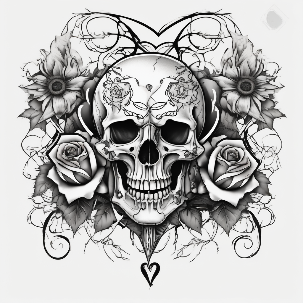 Skull, heart and dagger with roses and sunflowers bull-skull, AI-generated Surreal tattoo design