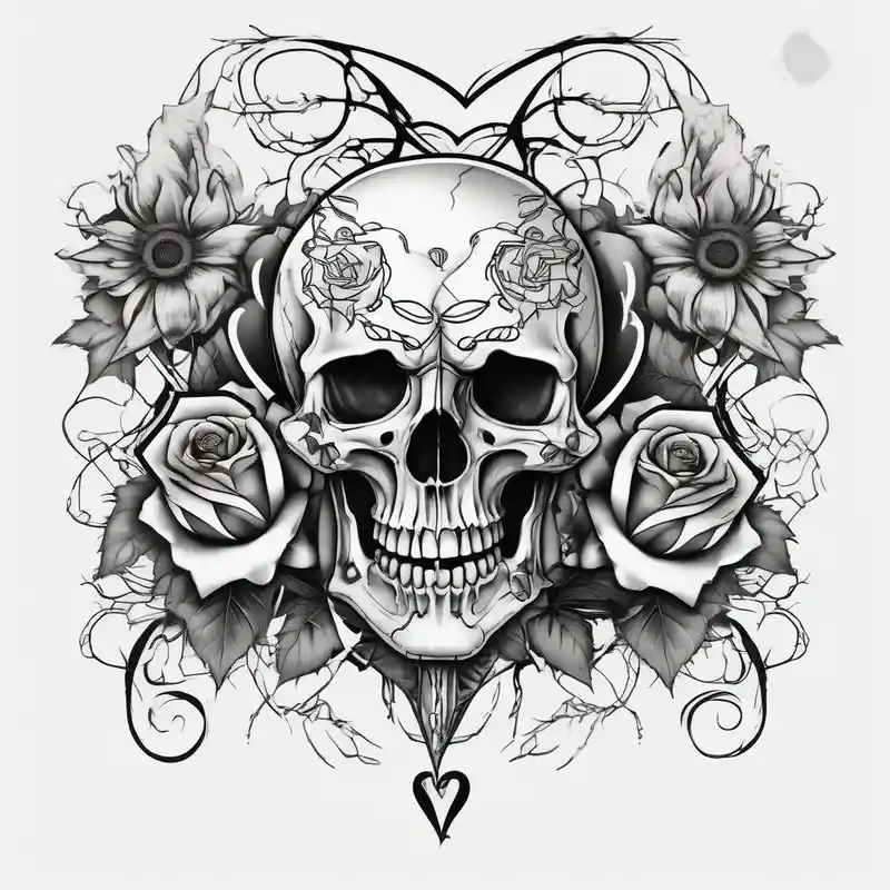 surreal style Idées et Designs de Tatouages de Fleurs en 2025 &Générer gratuitement about Skull and heart and dagger with roses and sunflowers bull-skull