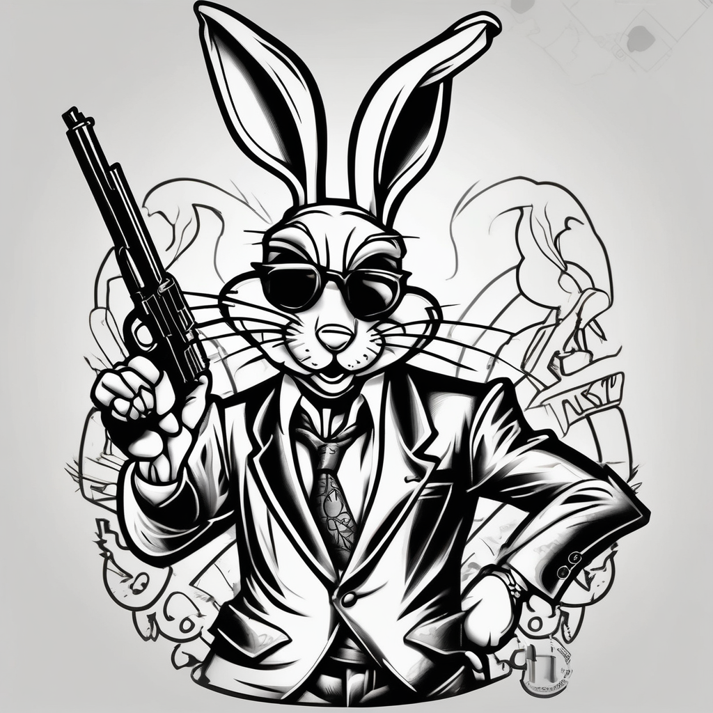 Gangster style bugs bunny holding gun, design de tatouage Old school généré par IA