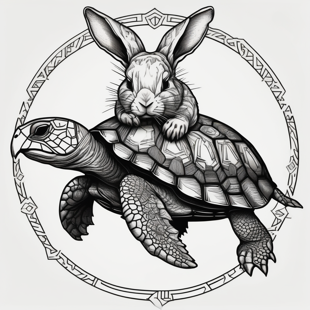 Bunny riding on a sea turtle, design de tatouage Blackwork généré par IA