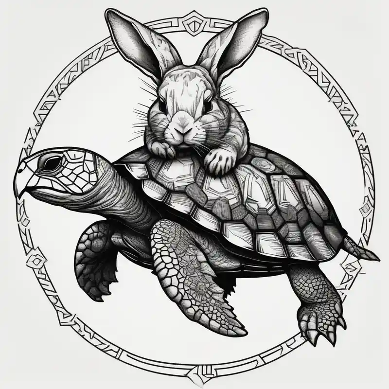 Bunny riding on a sea turtle – Blackwork, Noir et blanc