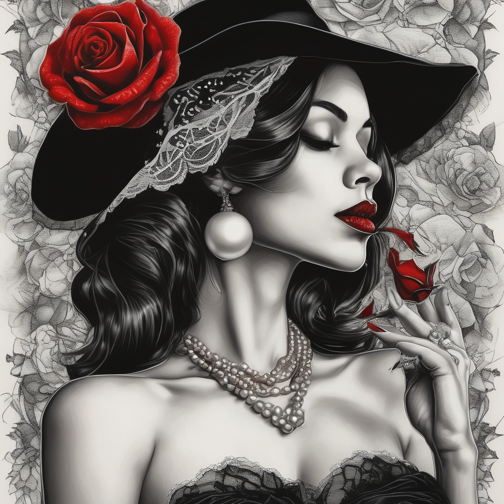 Black and white profile of woman with chin pressed on hand, hate with lace covering her eyes, pearl necklace in her mouth with red lips flowers around her with one red rose standing out butterfly-hand, AI-generated Realistic tattoo design