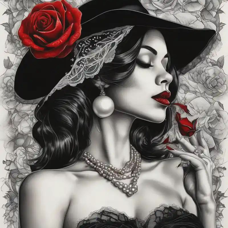 realistic style Idées et Designs de Tatouages de Fleurs en 2025 &Générer gratuitement about Black and white profile of woman with chin pressed on hand and hate with lace covering her eyes