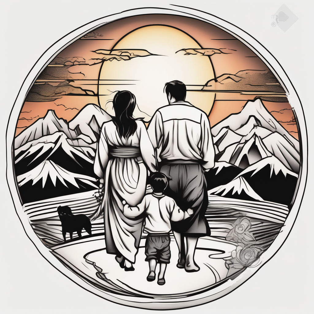 Family 2 parents, 1 baby boy in his mother’s arms, one 3-year girl holding the hand of the father and the mother and one black dog walking through the the sunset and mountains butterfly-hand, diseño de tatuaje Japonés generado con IA
