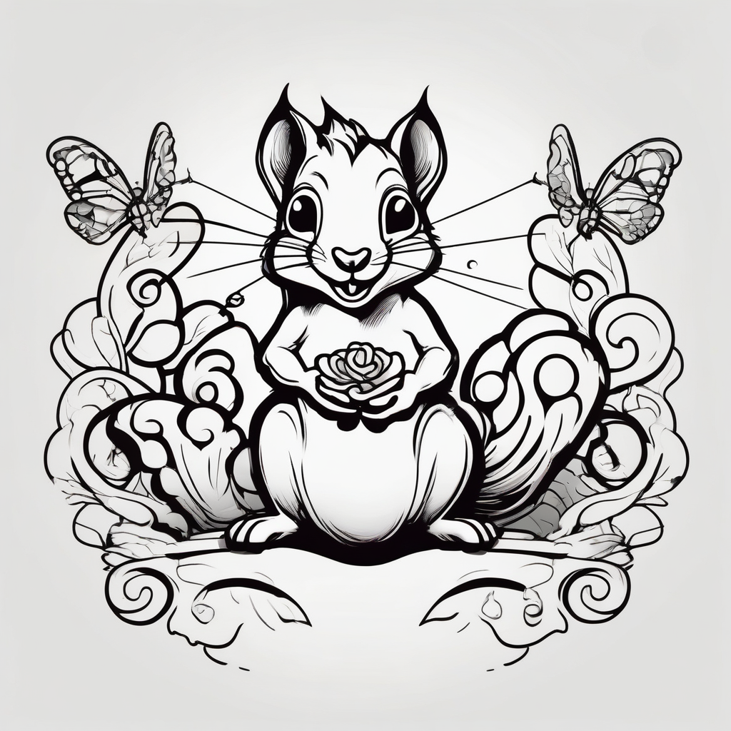 A Squirrel with a butterfly in hands butterfly-hand, diseño de tatuaje Cartoon generado con IA