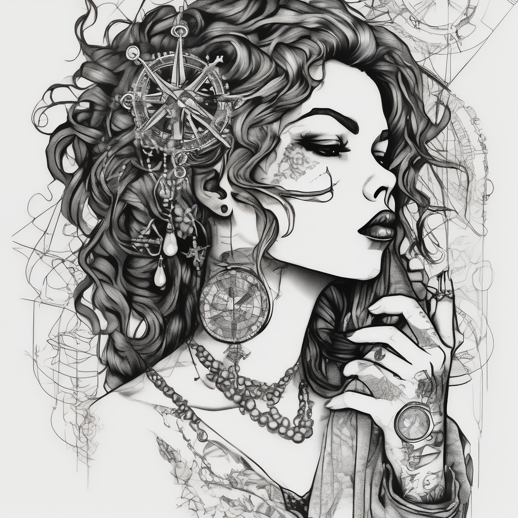 Profile of woman with messy hair , hand on chin, pearls hanging from mouth , lace, lipstick, compass and gun near by butterfly-hand, diseño de tatuaje Boceto generado con IA