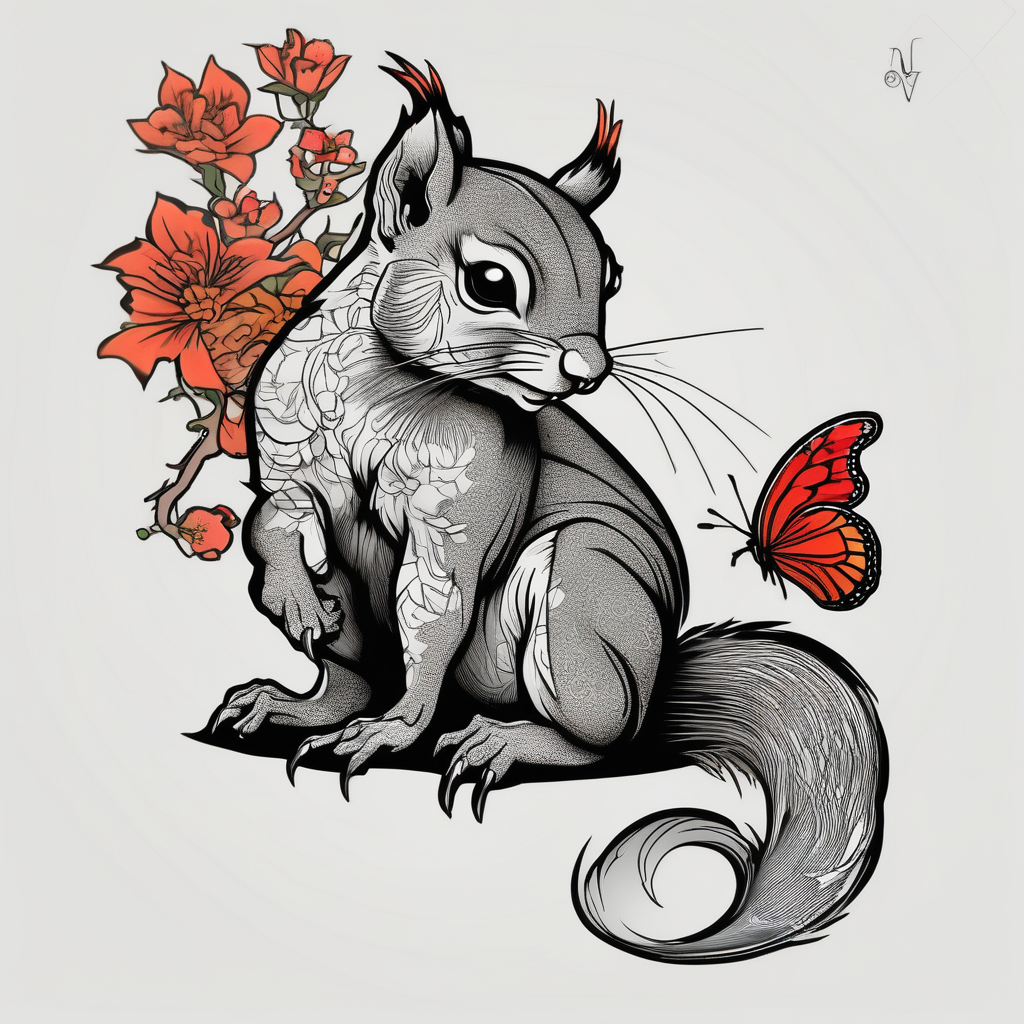 A squirrel holding a butterfly butterfly-hand, diseño de tatuaje Japonés generado con IA