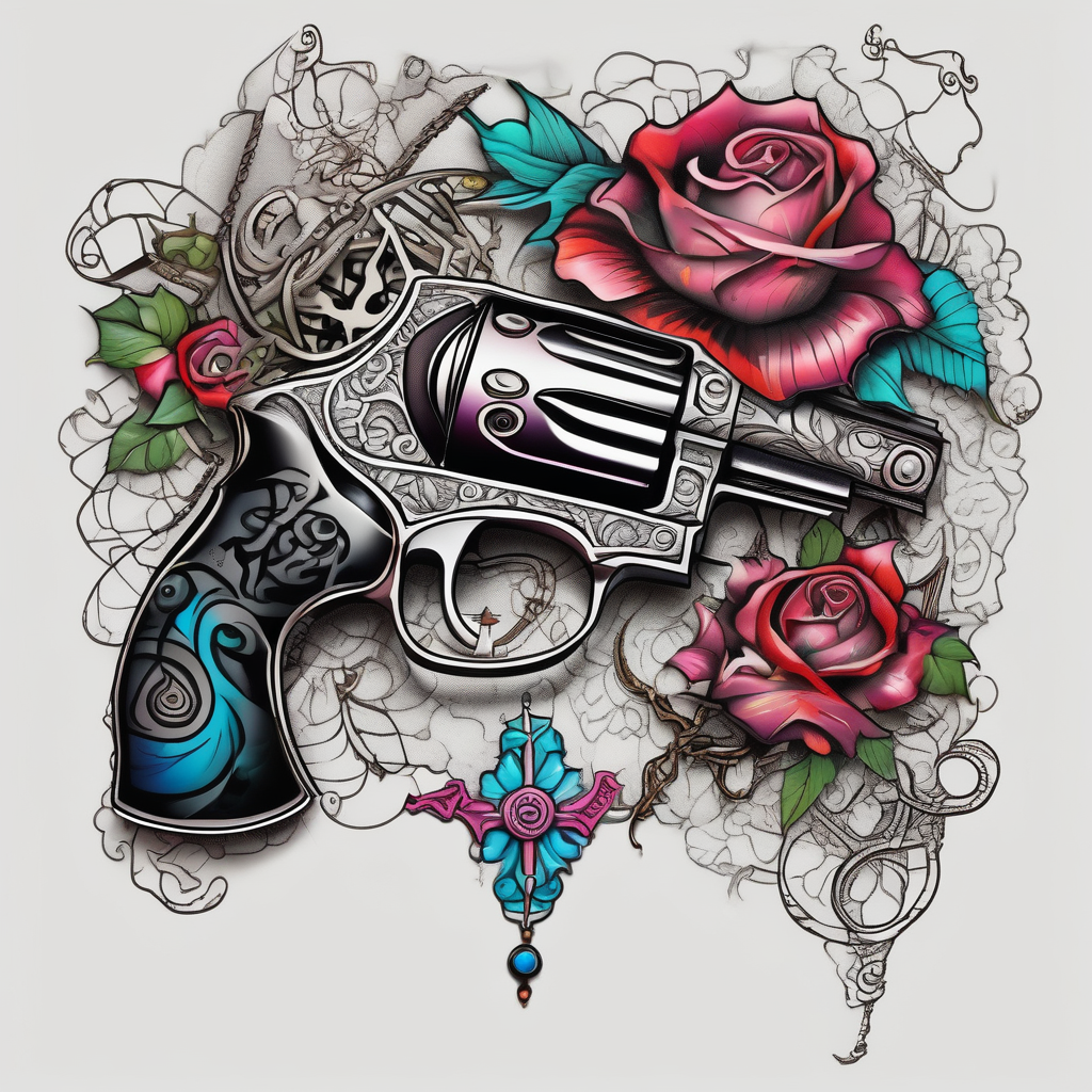 Hand gun, lace, large compass and lipstick butterfly-hand, AI-generated Surreal tattoo design