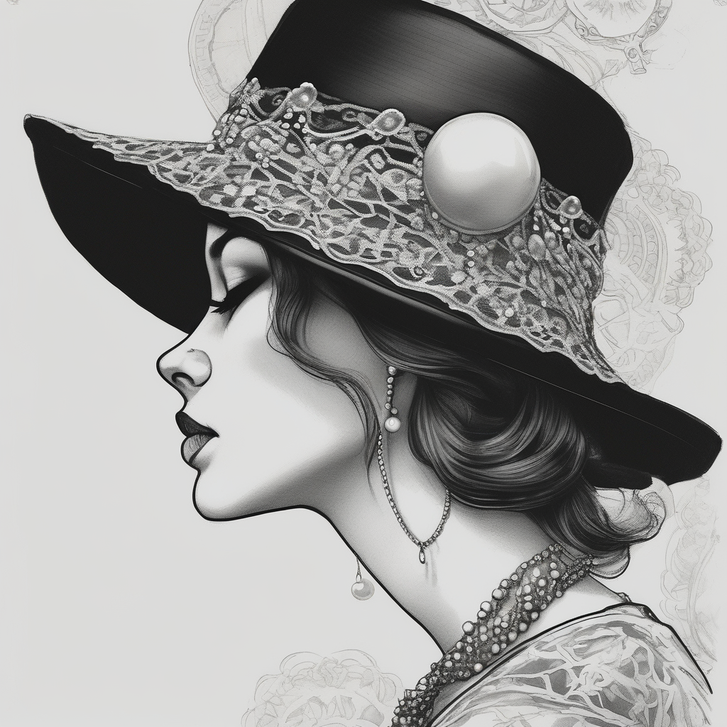 Black and white profile of woman with chin pressed on hand, hat with lace covering her eyes as she looks to the distance, biting pearl necklace butterfly-hand, diseño de tatuaje Boceto generado con IA