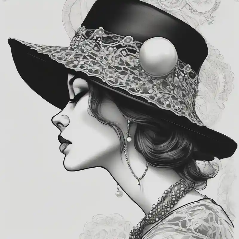 sketch style Butterfly Hand Tattoo Ideas in 2025 about Black and white profile of woman with chin pressed on hand and hat with lace covering her eyes as she looks to the distance