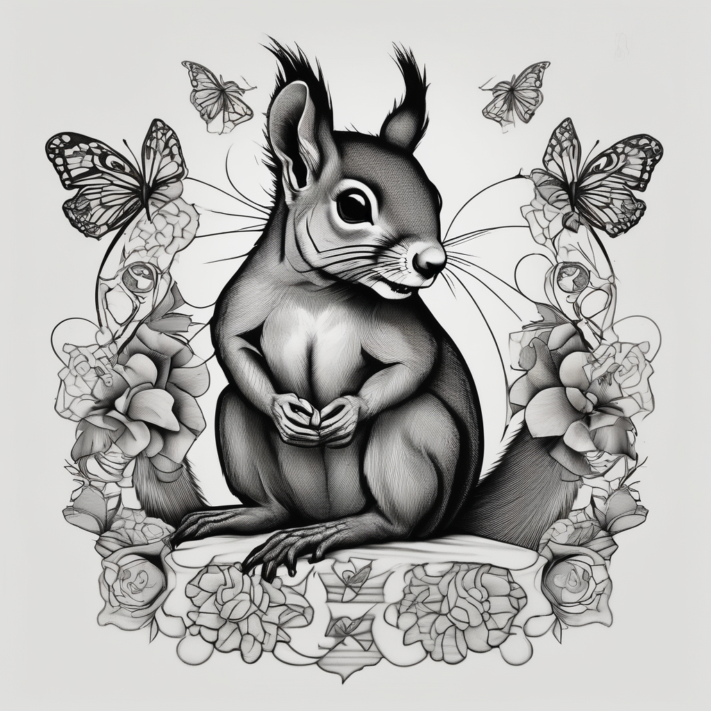 A Squirrel with a butterfly in hands butterfly-hand, diseño de tatuaje Blackwork generado con IA