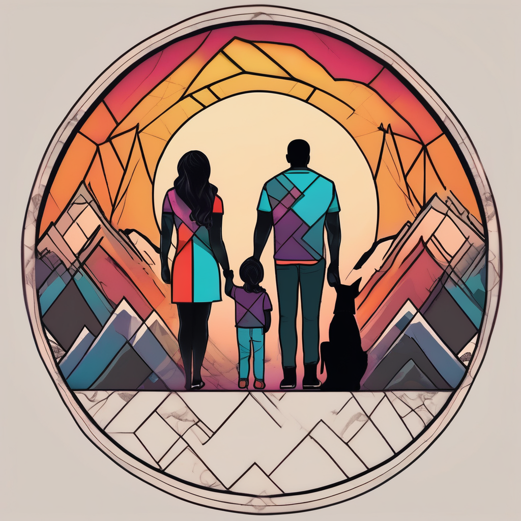 Family 2 parents, 1 baby boy in his mother’s arms, one 3-year girl holding the hand of the father and the mother and one black dog walking through the the sunset and mountains butterfly-hand, AI-generated Geometric tattoo design