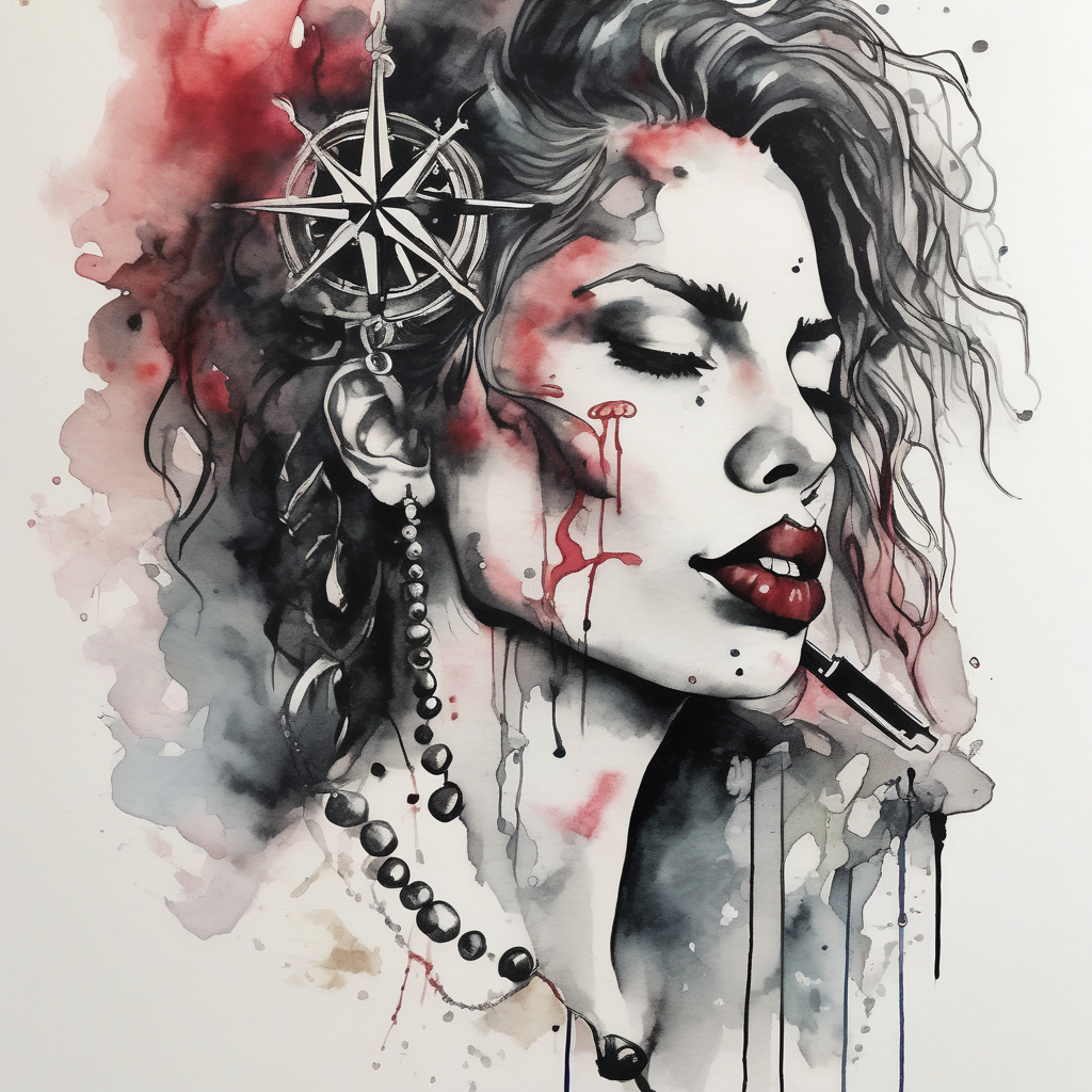 Profile of woman with messy hair , hand on chin, pearls hanging from mouth , lace, lipstick, compass and gun near by butterfly-hand, diseño de tatuaje Acuarela generado con IA