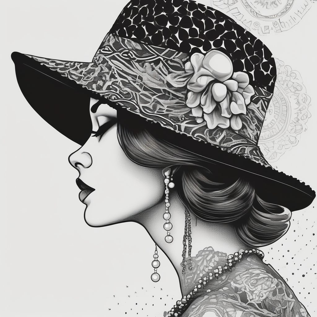 Black and white profile of woman with chin pressed on hand, hat with lace covering her eyes as she looks to the distance, biting pearl necklace butterfly-hand, design de tatouage Dotwork généré par IA