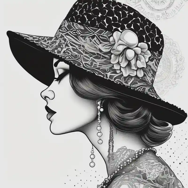 dotwork style Butterfly Hand Tattoo Ideas in 2025 about Black and white profile of woman with chin pressed on hand and hat with lace covering her eyes as she looks to the distance