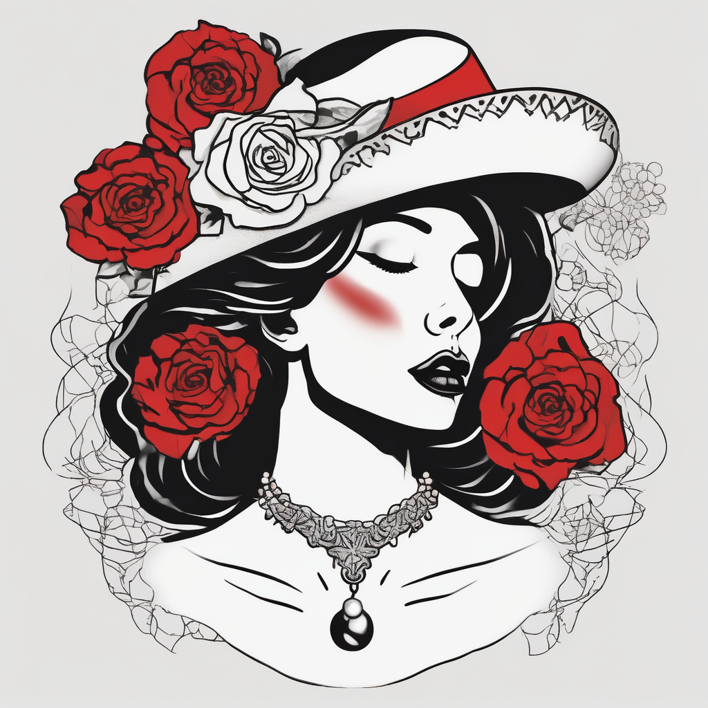 Black and white profile of woman with chin pressed on hand, hate with lace covering her eyes, pearl necklace in her mouth with red lips flowers around her with one red rose standing out butterfly-hand, diseño de tatuaje Minimalista generado con IA