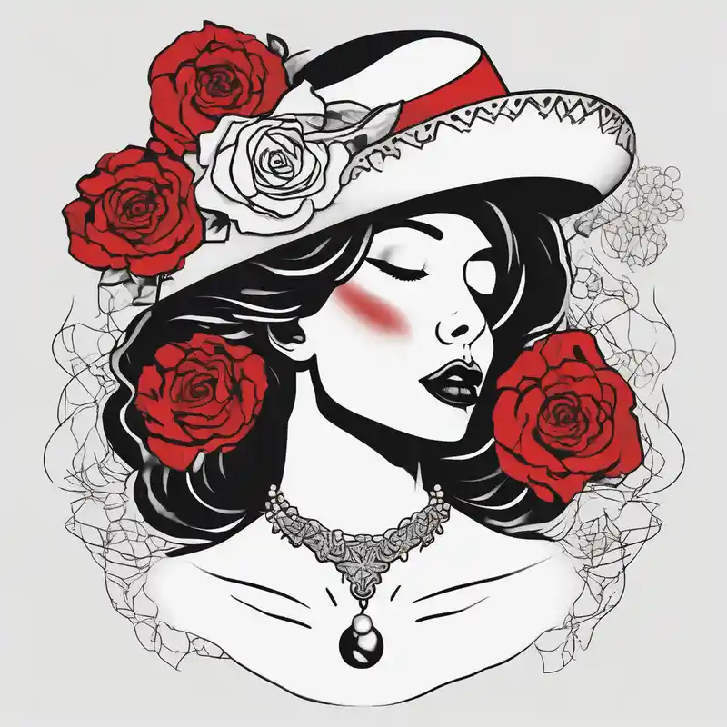 minimalist style Idées et Designs de Tatouages de Fleurs en 2025 &Générer gratuitement about Black and white profile of woman with chin pressed on hand and hate with lace covering her eyes