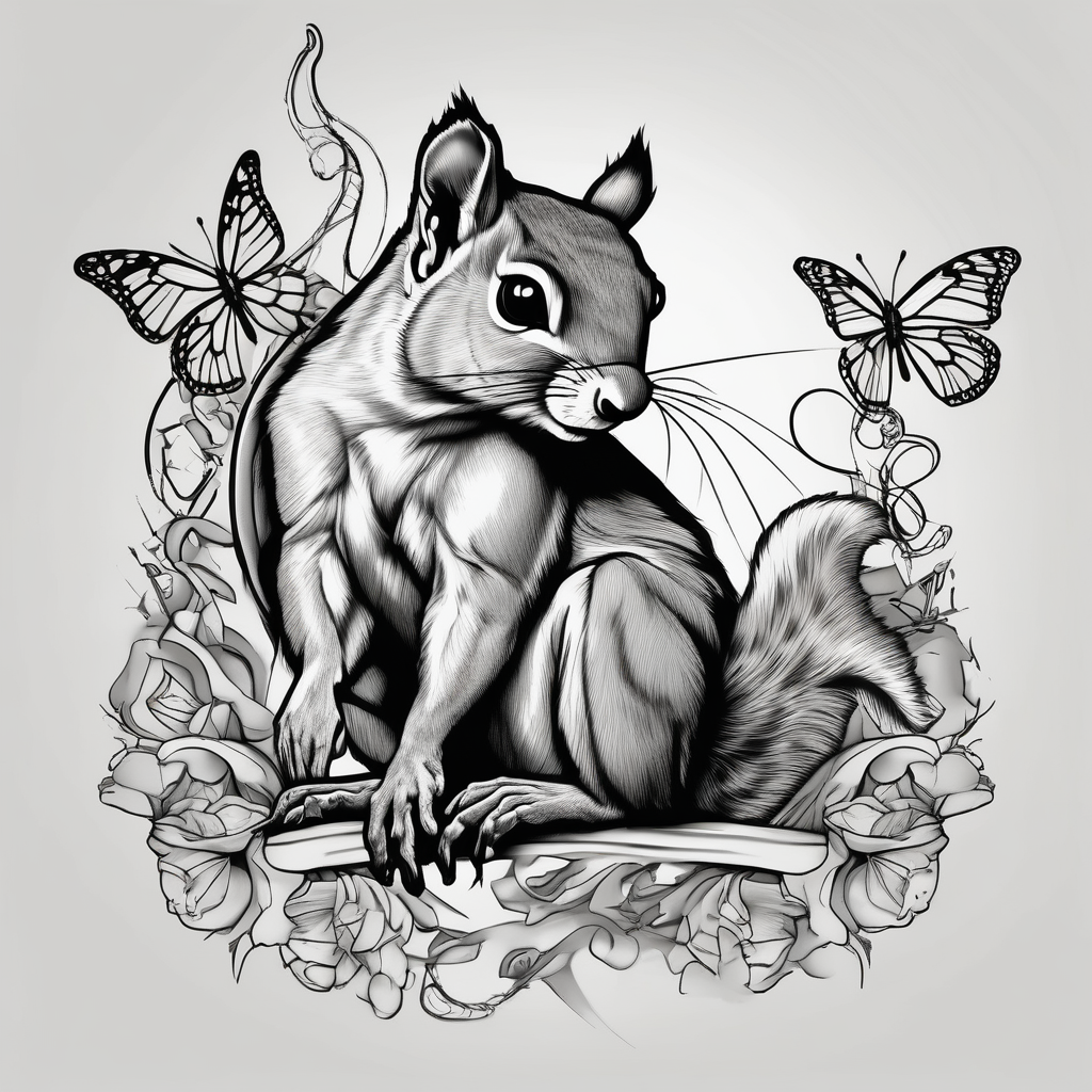 A squirrel holding a butterfly butterfly-hand, design de tatouage Noir et blanc généré par IA