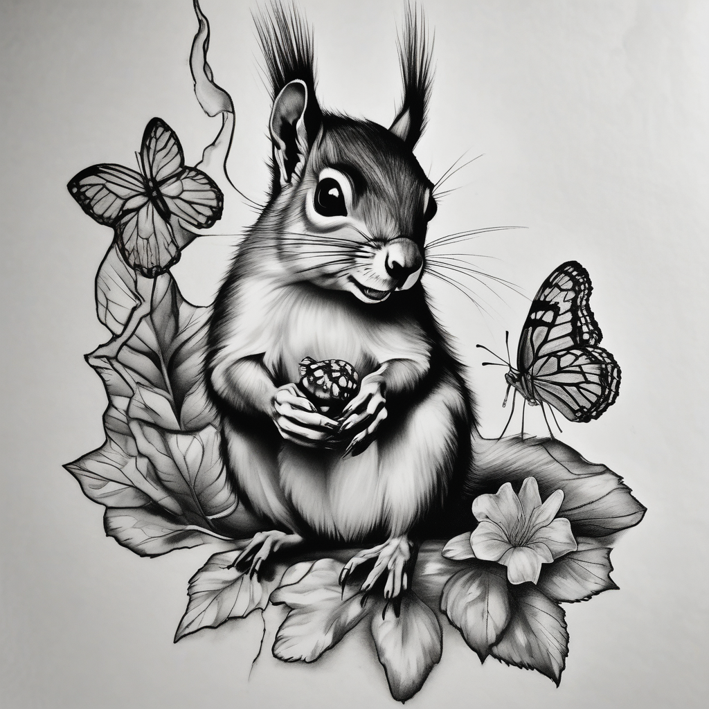 A Squirrel with a butterfly in hands, diseño de tatuaje Realista generado con IA