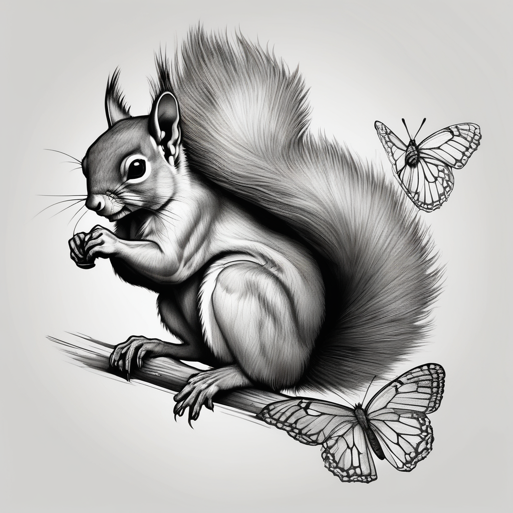 Squirrel holding butterfly, diseño de tatuaje Realista generado con IA