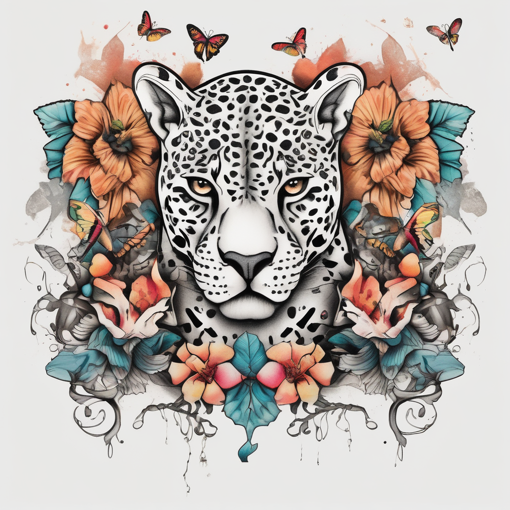head of 3 jaguars (1 mother and 2 cubs) surrounded by butterflies and hummingbirds in new old school style butterfly, design de tatouage Aquarelle généré par IA