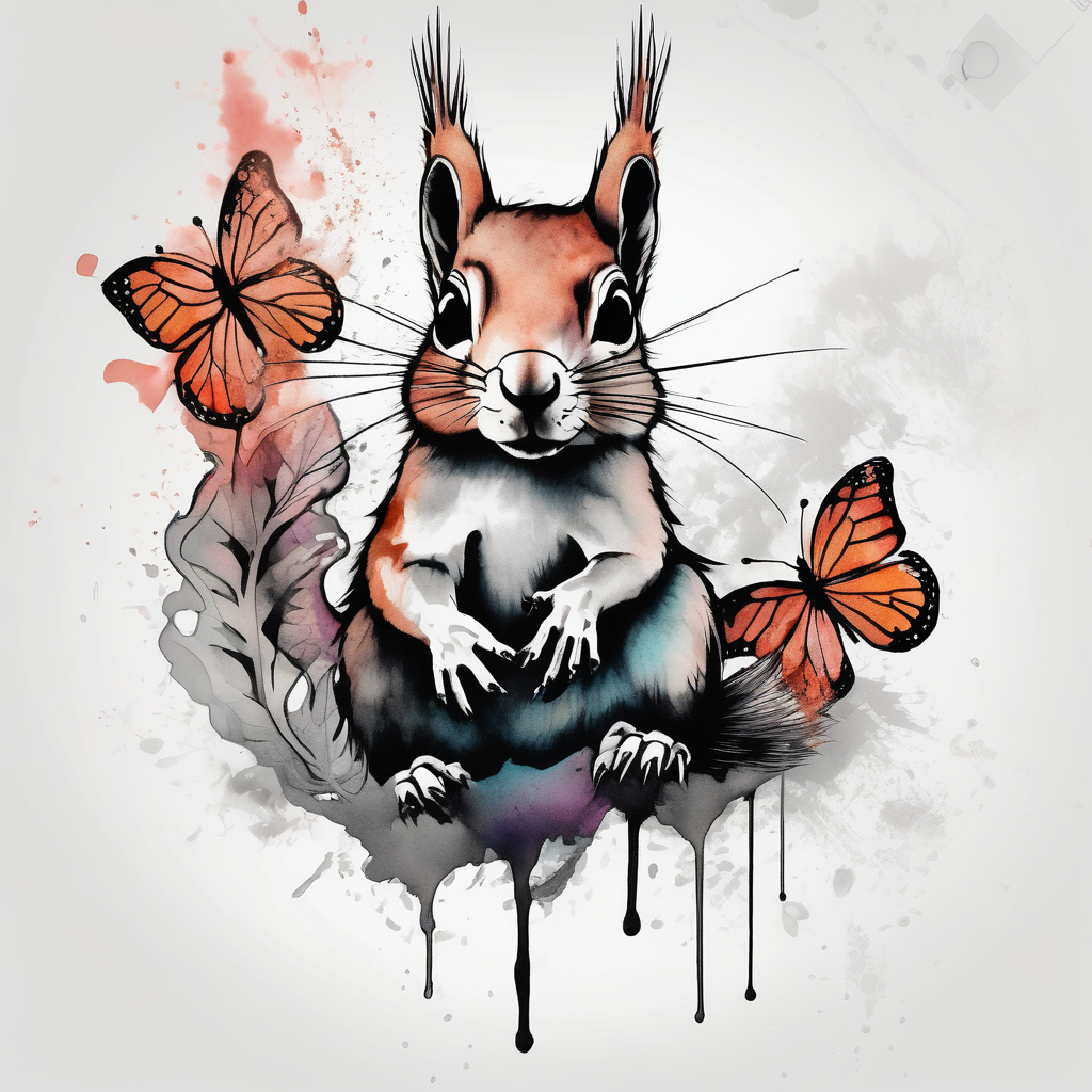 A squirrel holding a butterfly, diseño de tatuaje Acuarela generado con IA