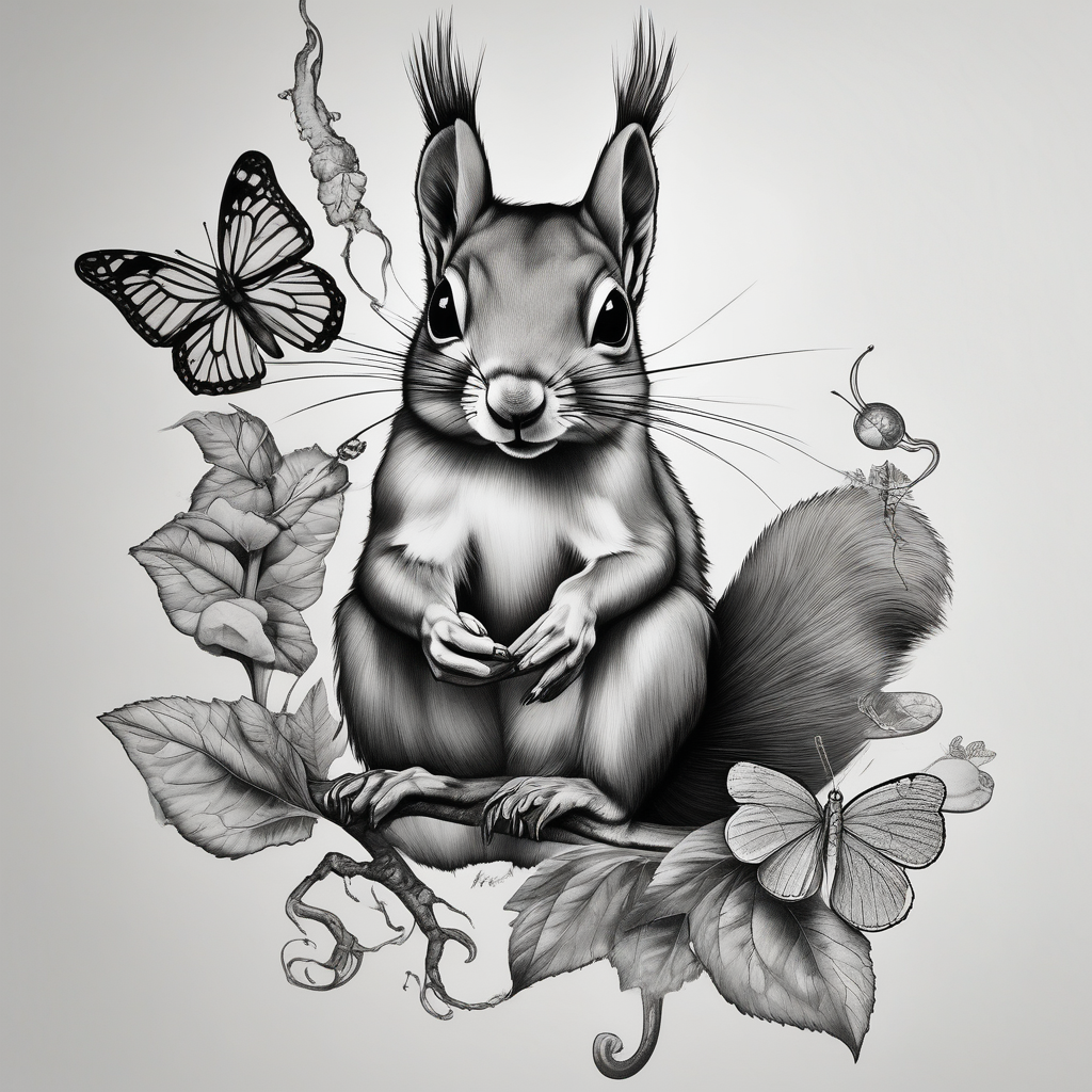 A squirrel holding a butterfly, diseño de tatuaje Realista generado con IA