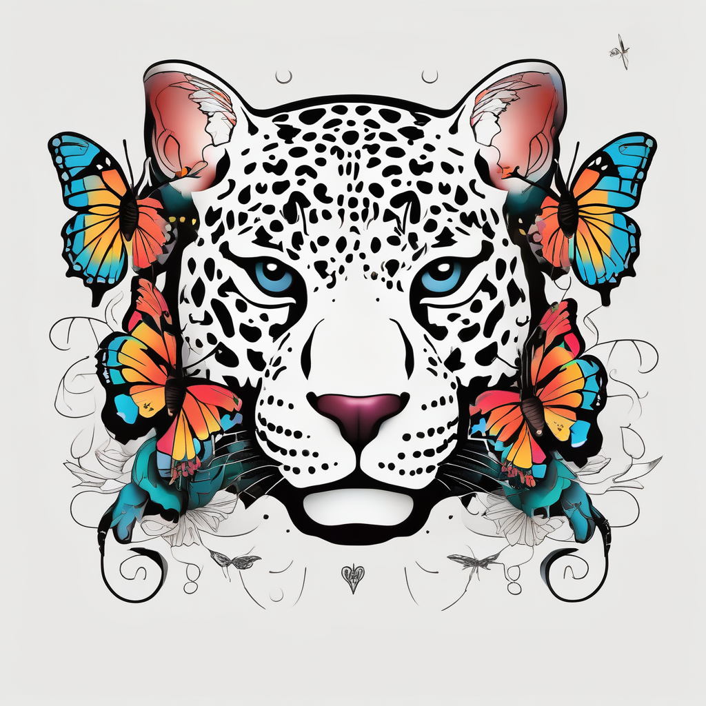 head of 3 jaguars (1 mother and 2 cubs) surrounded by butterflies and hummingbirds in new old school style butterfly, diseño de tatuaje Minimalista generado con IA