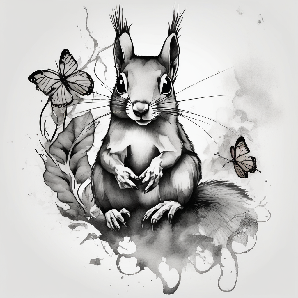 A Squirrel with a butterfly in hands, diseño de tatuaje Acuarela generado con IA