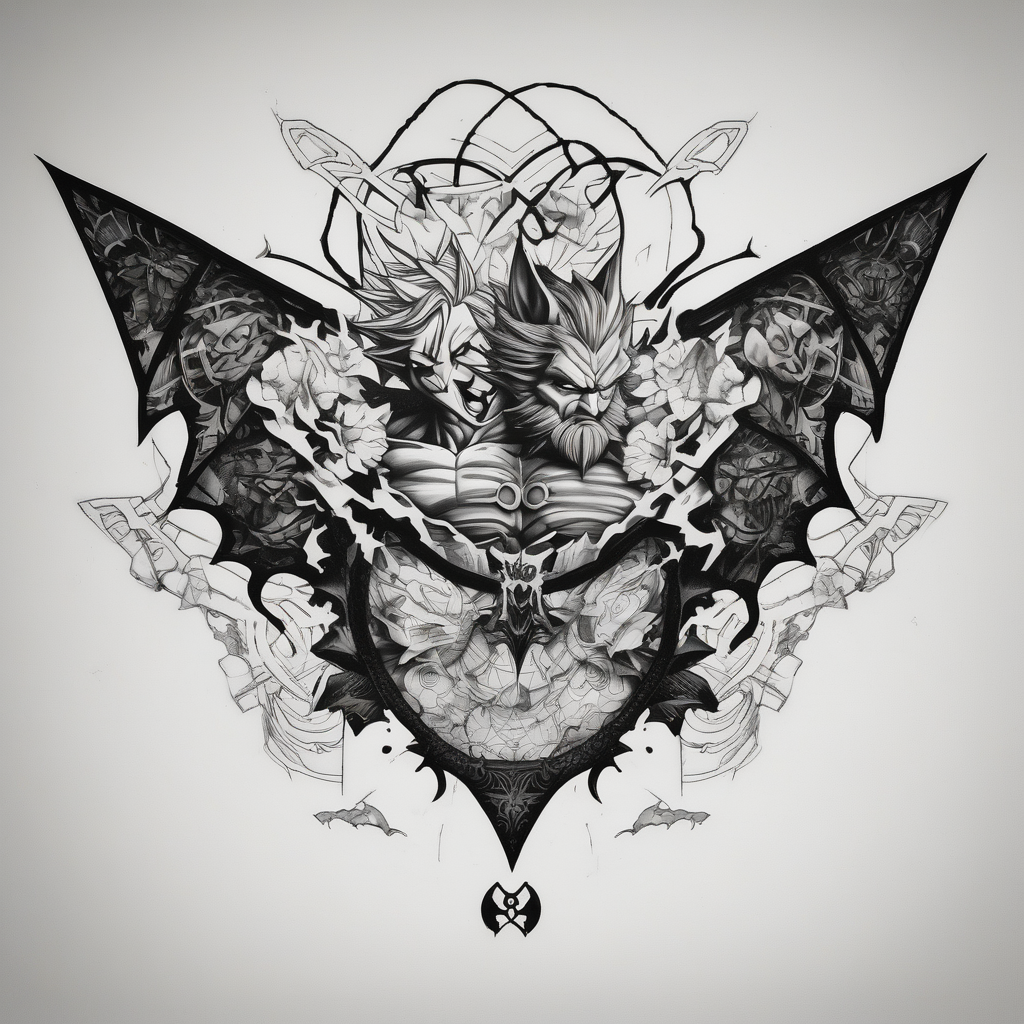 Goku and Batman symbol with butterflies, diseño de tatuaje Blackwork generado con IA