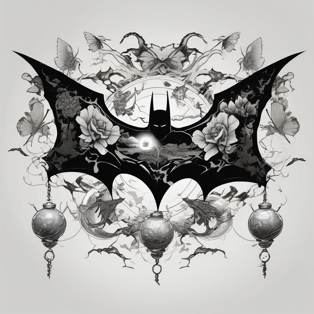 Batman symbol with butterflies dragonballs all around it for a forearm tattoo, diseño de tatuaje Japonés generado con IA