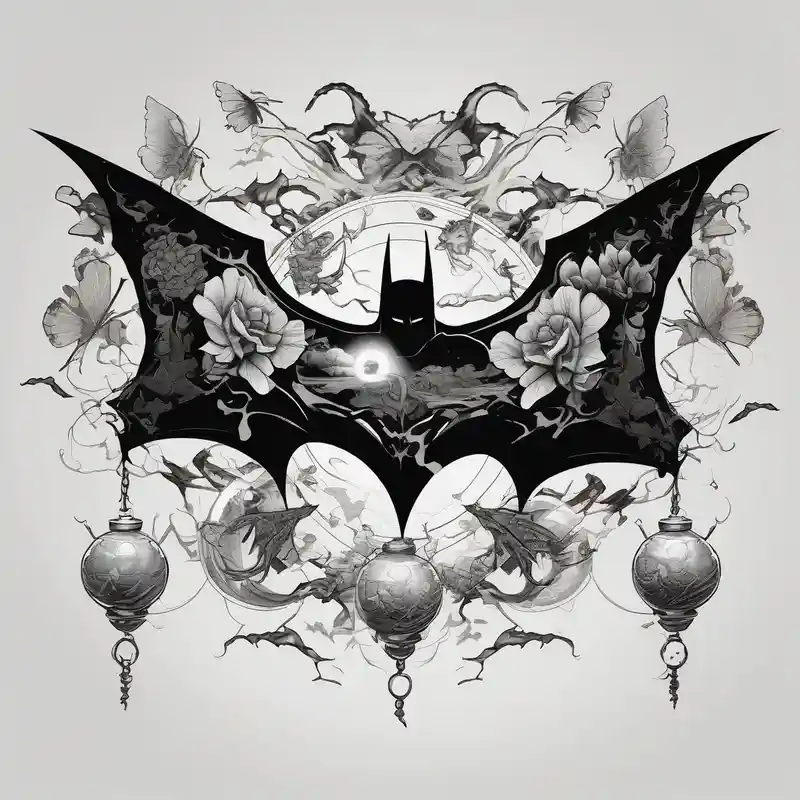 Batman symbol with butterflies dragonballs all around it for a forearm tattoo