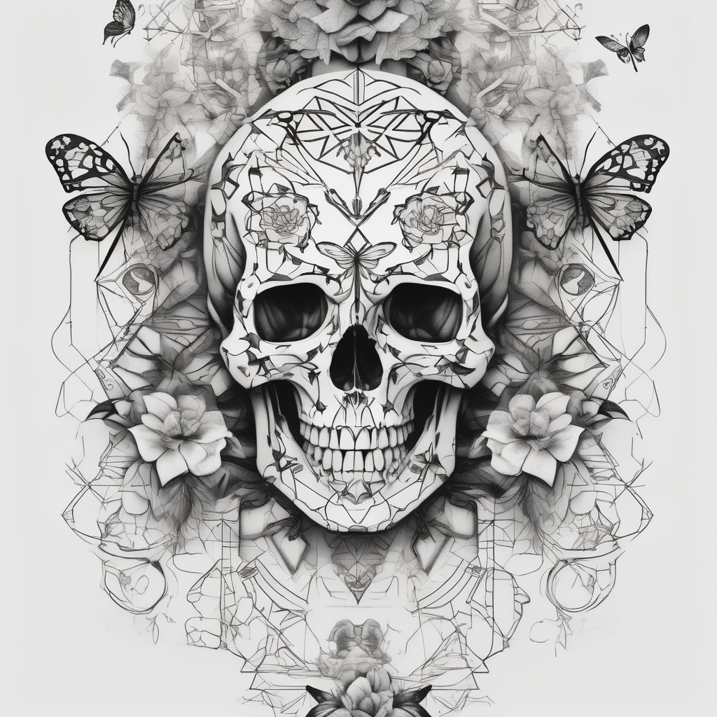 Sexy Skelton sleeve with butterflies and flowers, AI-generated Geometric tattoo design