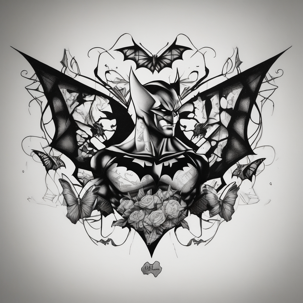 Small Batman and joker tattoo with butterflies and lots of color and harley quinn, diseño de tatuaje Blackwork generado con IA