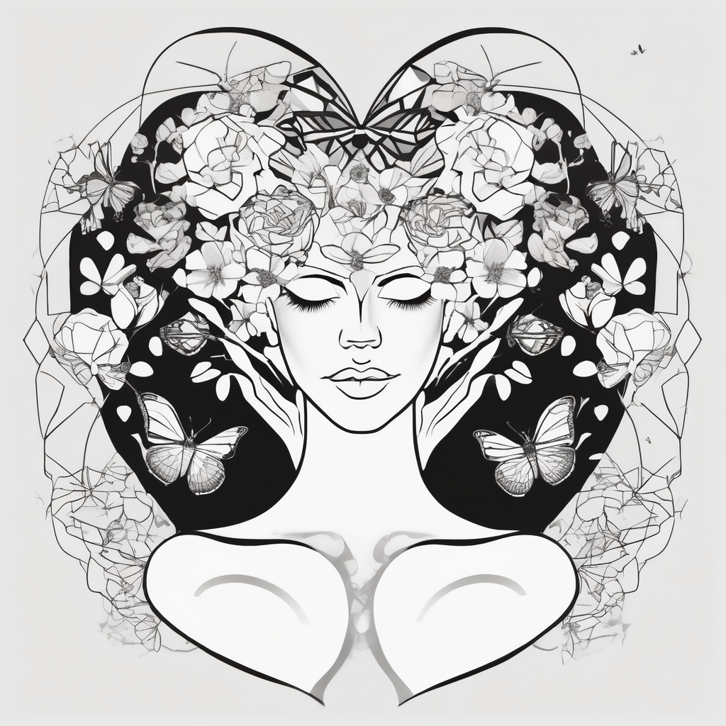 Out line of hands holding a heart with flowers sprouting from the top of the heart into her head and butterflies flying around the flowers, design de tatouage Géométrique généré par IA