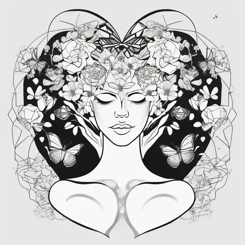 Out line of hands holding a heart with flowers sprouting from the top of the heart into her head and butterflies flying – Géométrique, Noir et blanc