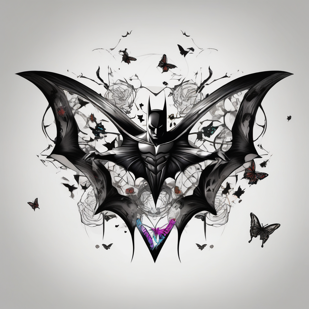 Small Batman symbol with 5 butterflies all around it for a forearm tattoo, diseño de tatuaje Japonés generado con IA